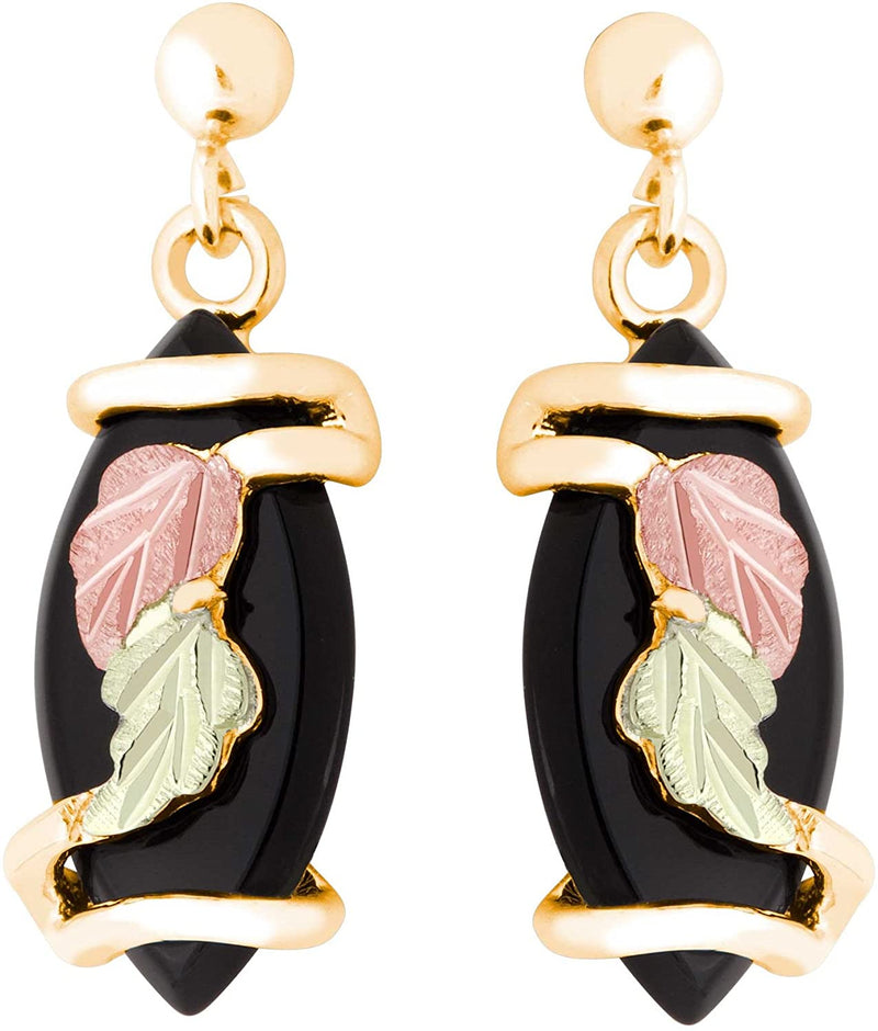 Onyx Marquise Wrap Earrings, 10k Yellow Gold, 12k Green and Rose Black Hills Gold Motif