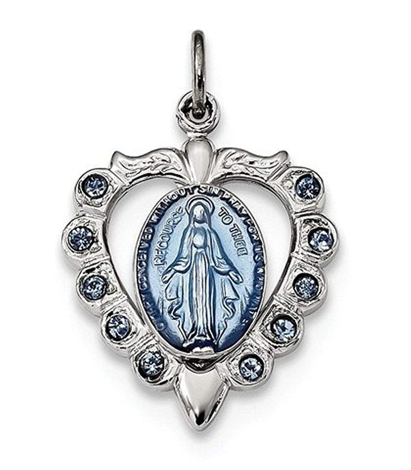 Sterling Silver Epoxy and Crystal Miraculous Medal Heart Pendant (20.5X16.5MM)