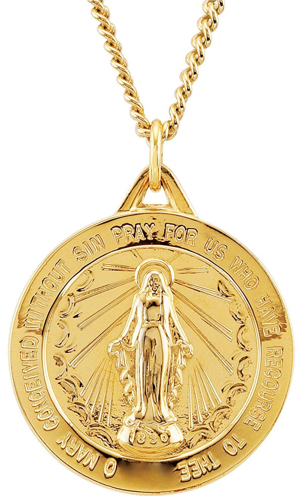 Rhodium Plated Sterling Silver 24k Gold-Plated Round Miraculous Medal Necklace, 24" (25 MM)