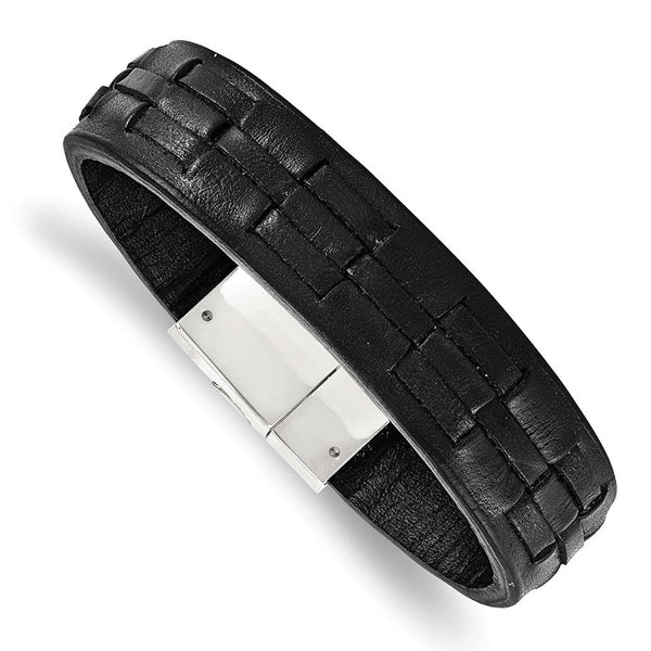 Men's Polished Stainless Steel Black Leather Bracelet, 8"
