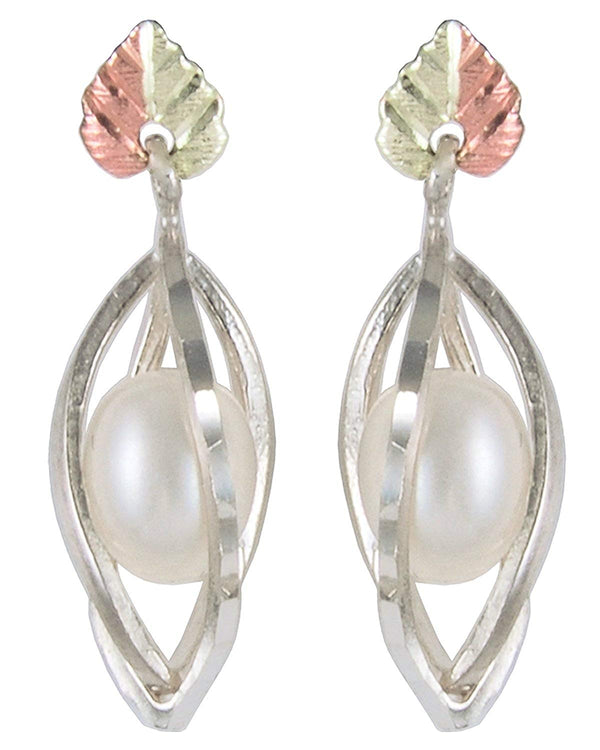 Diamond-Cut Caged Pearl Earrings, Sterling Silver, 12k Green and Rose Gold Black Hills Gold Motif
