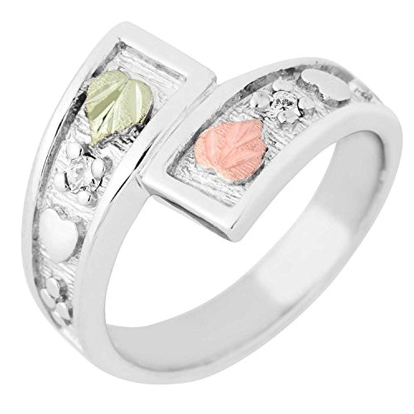 Ave 369 April Birthstone Created White Spinel Bypass Ring, Sterling Silver, 12k Green and Rose Gold Black Hills Silver Motif