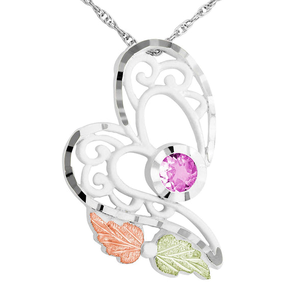 Diamond-Cut Round Pink CZ Heart Pendant Necklace, Sterling Silver, 12k Green and Rose Gold Black Hills Gold Motif, 18"