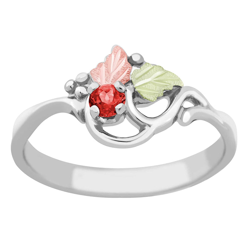 Ave 369 Created Garnet Round January Birthstone Ring, Sterling Silver, 12k Green and Rose Gold Black Hills Gold Motif
