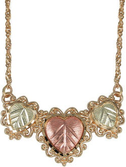 Triple Heart Necklace, 10k Yellow Gold, 12k Green and Rose Gold Black Hills Gold Motif, 18"