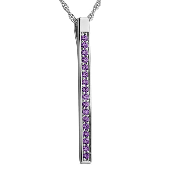 Amethyst CZ High Polish Bar Pendant Necklace, Rhodium Plated Sterling Silver, 18"