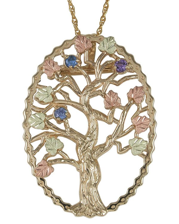 Sapphire, Amethyst and Aquamarine Tree Pendant Necklace, 10k Yellow Gold, 12k Green and Rose Gold Black Hills Gold Motif, 18"
