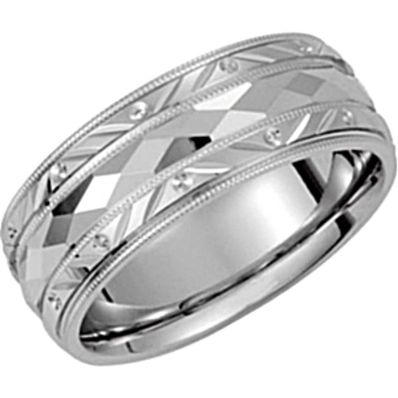 Rhodium-Plated 10k White Gold Diamond-Cut 6mm Comfort-Fit Milgrain Band