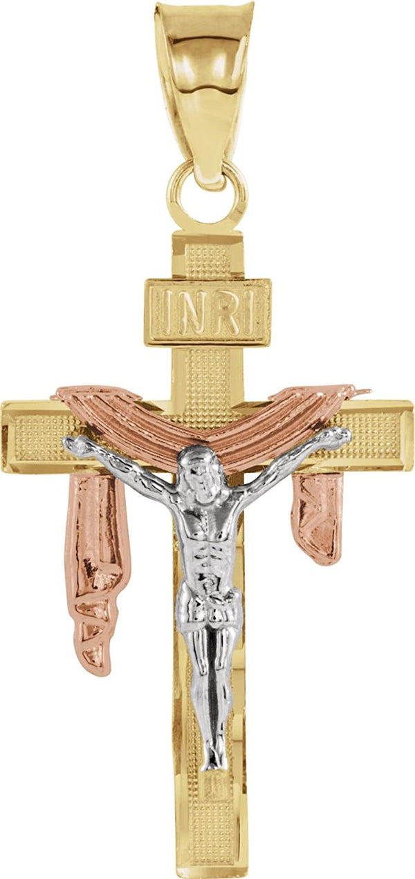 Tri-Color Crucifix with Shroud Rhodium-Plated 14k White, Yellow and Rose Gold Pendant (29x18.5MM)