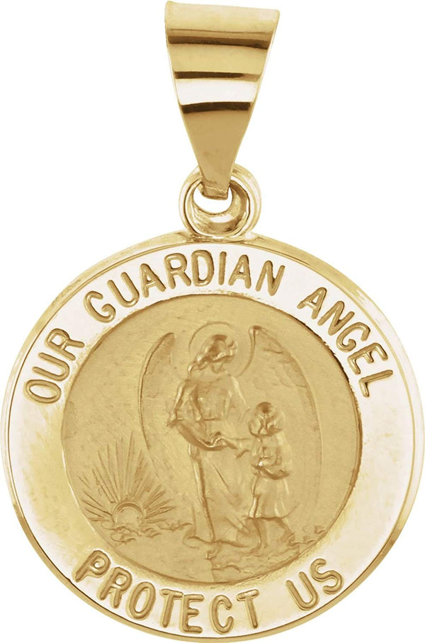 14k Yellow Gold Round Hollow Guardian Angel Medal (15 MM)