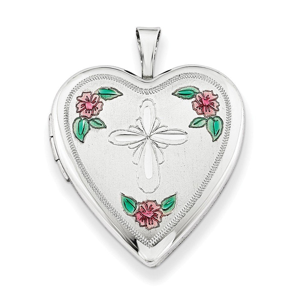 Sterling Silver Cross and Flower Heart Locket Necklace, 18"