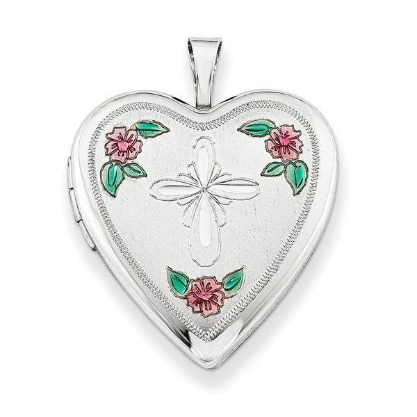 Sterling Silver Cross and Flower Heart Locket Necklace, 18"