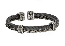 Men's Thorn Collection Gray Titanium Black Memory Cable and Black Titanium Cuff Bangle Bracelet, 7"