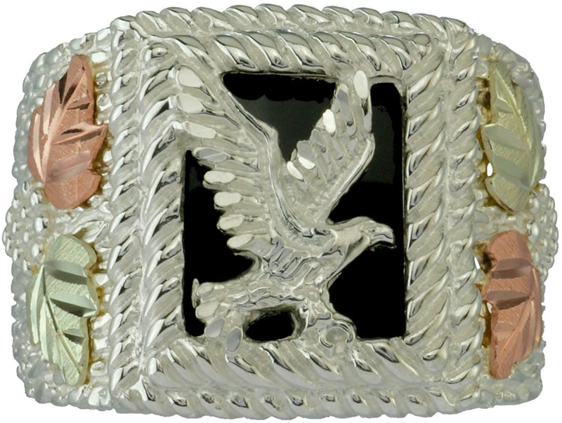 Men's Onyx Eagle Signet Ring, Sterling Silver, 12k Green and Rose Gold Black Hills Gold Motif, Size 11.75