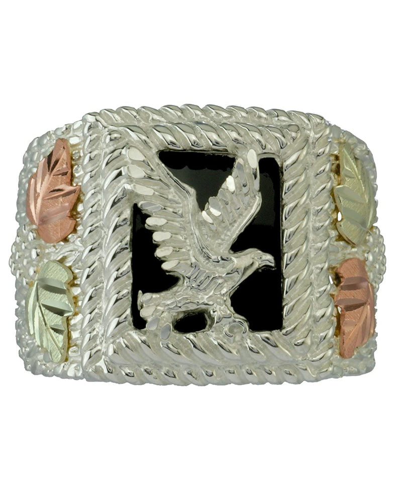 Men's Onyx Eagle Signet Ring, Sterling Silver, 12k Green and Rose Gold Black Hills Gold Motif