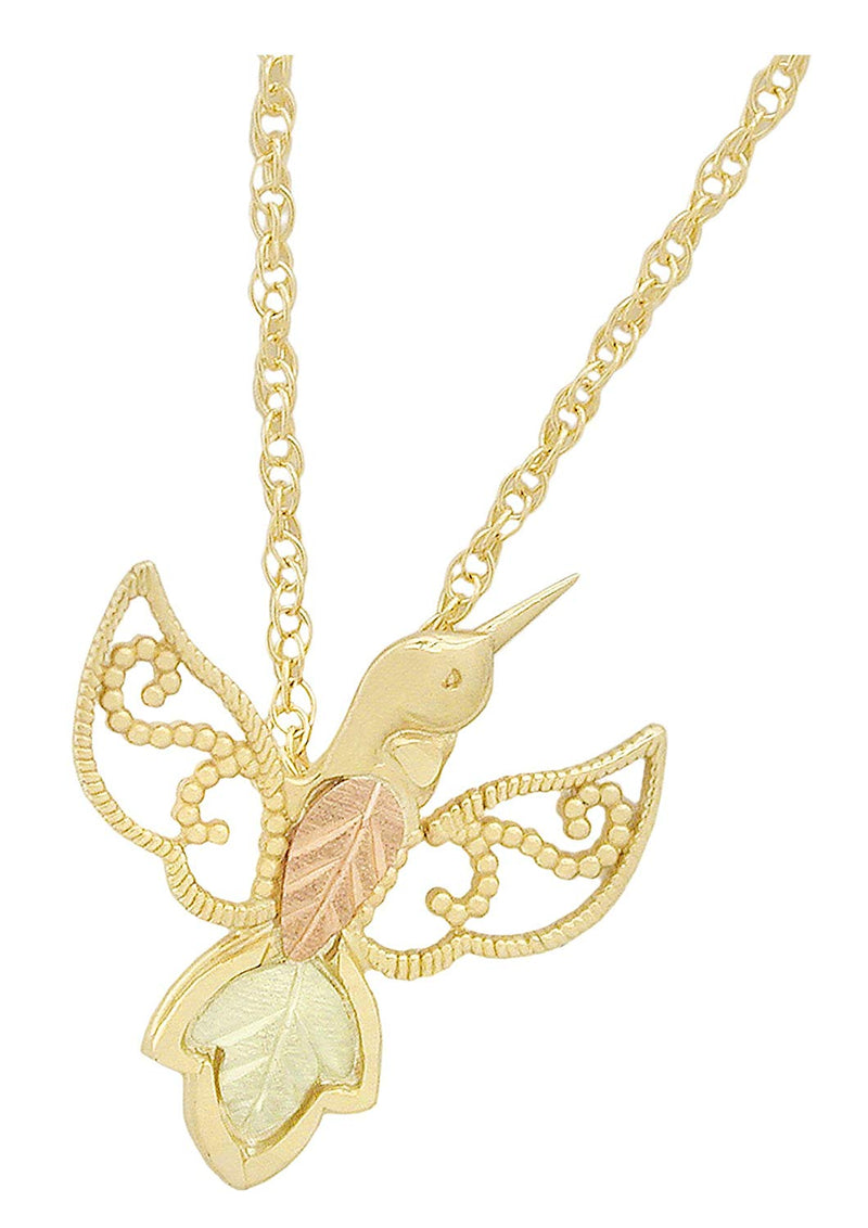 Filigree Hummingbird Pendant Necklace, 10k Yellow Gold, 12k Green Gold, 12k Rose Gold Black Hills Gold, 18"