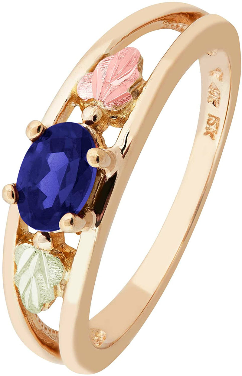 Oval Created Blue Sapphire Ring, 10k Yellow Gold, 12k Green and Rose Gold Black Hills Gold Motif, Size 9