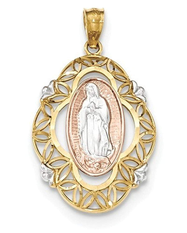 Rhodium-Plated 14k Yellow and Rose Gold Guadalupe Medal Pendant