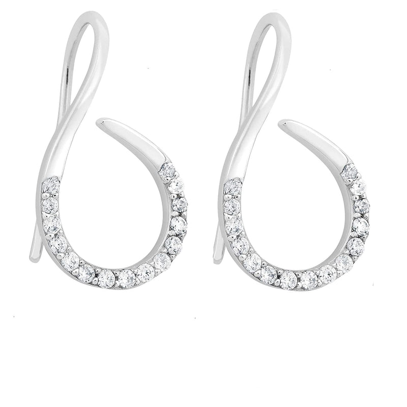 CZ Curved Earrings, Rhodium Plated Sterling Silver