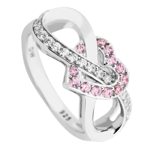 Pink and White CZ Infinity Heart Rhodium Plated Sterling Silver Ring