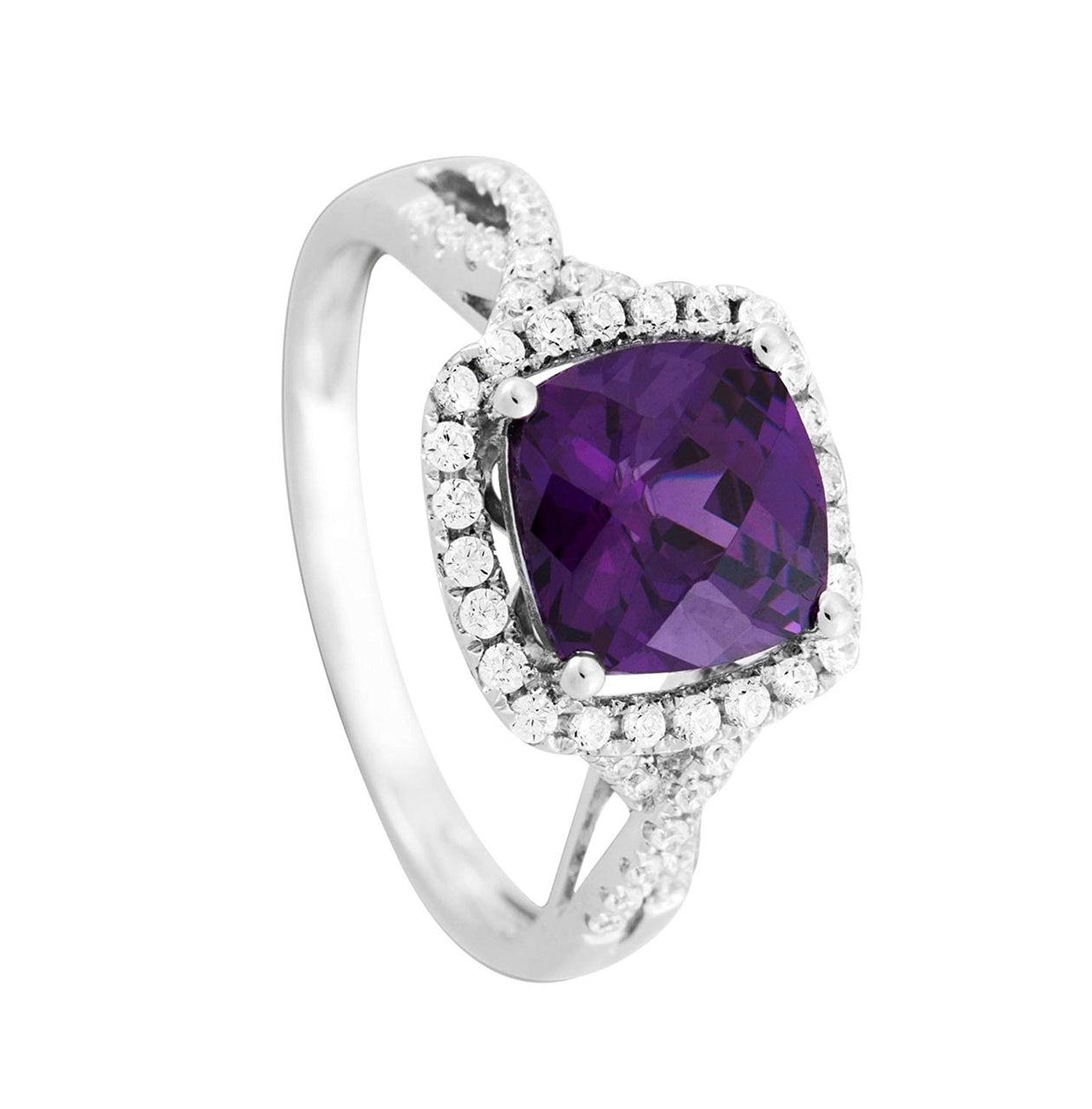 Cushion-Cut Purple CZ Halo Soft Square Rhodium-Plated Sterling Silver Ring