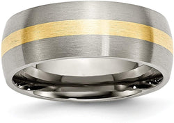 Brushed Titanium, 14k Yellow Gold Inlay 8mm Dome Band, Size 11