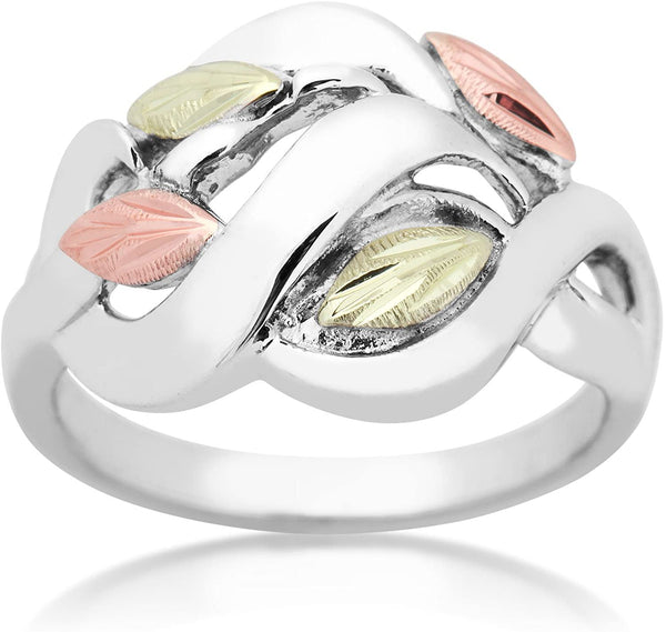 Petite Frosty Leaves Ring, Sterling Silver, 12k Green and Rose Gold Black Hills Gold Motif, Size 7.25
