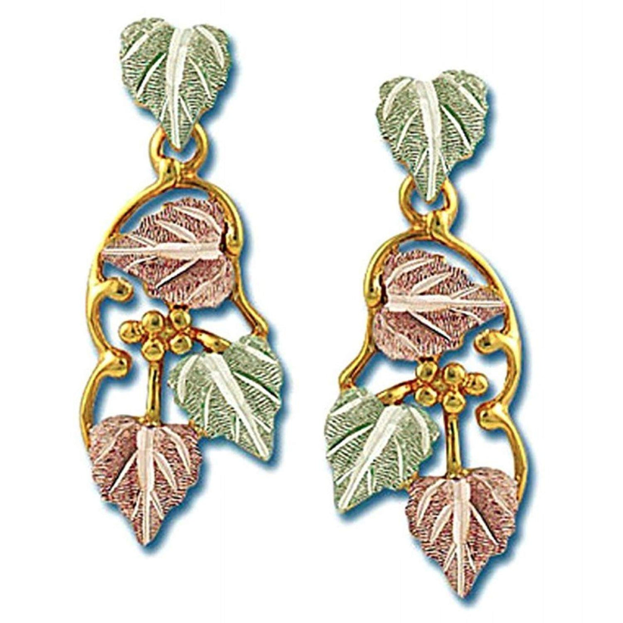 Precious Grape Leaf Drop Earrings, 10k Yellow Gold, 12k Green and Rose Gold Black Hills Gold Motif