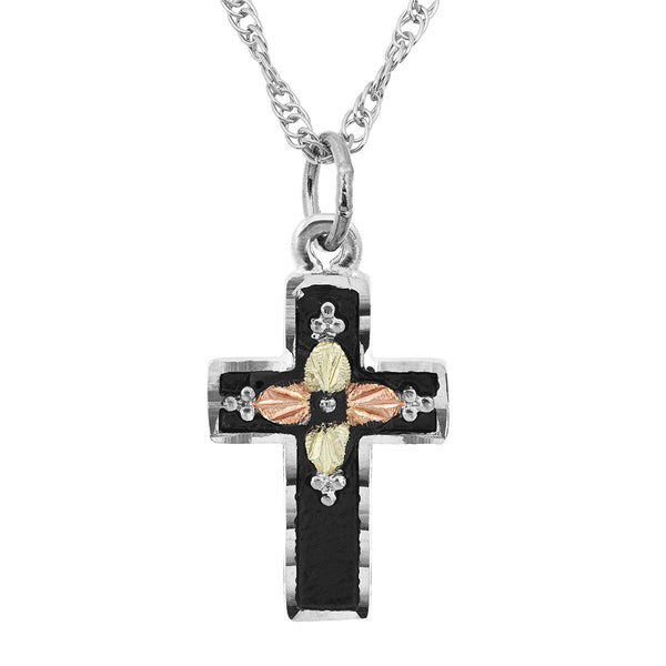 Antiqued Dove Cross Necklace, Sterling Silver, 12k Green and Rose Gold Black Hills Gold Motif, 18''