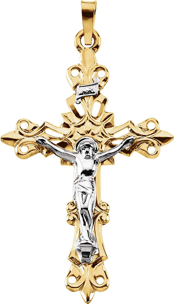 Two-Tone Fleur-de-Lis Filigree Crucifix 14k Yellow and White Gold Pendant (35X24MM)