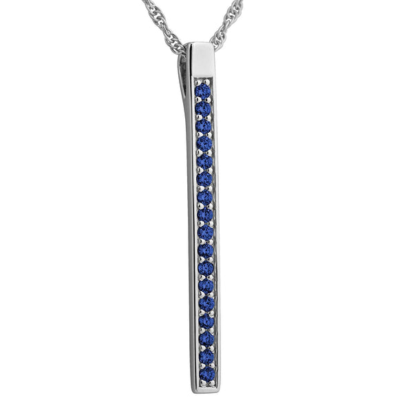 Dark Blue CZ High Polish Bar Pendant Necklace, Rhodium Plated Sterling Silver, 18"