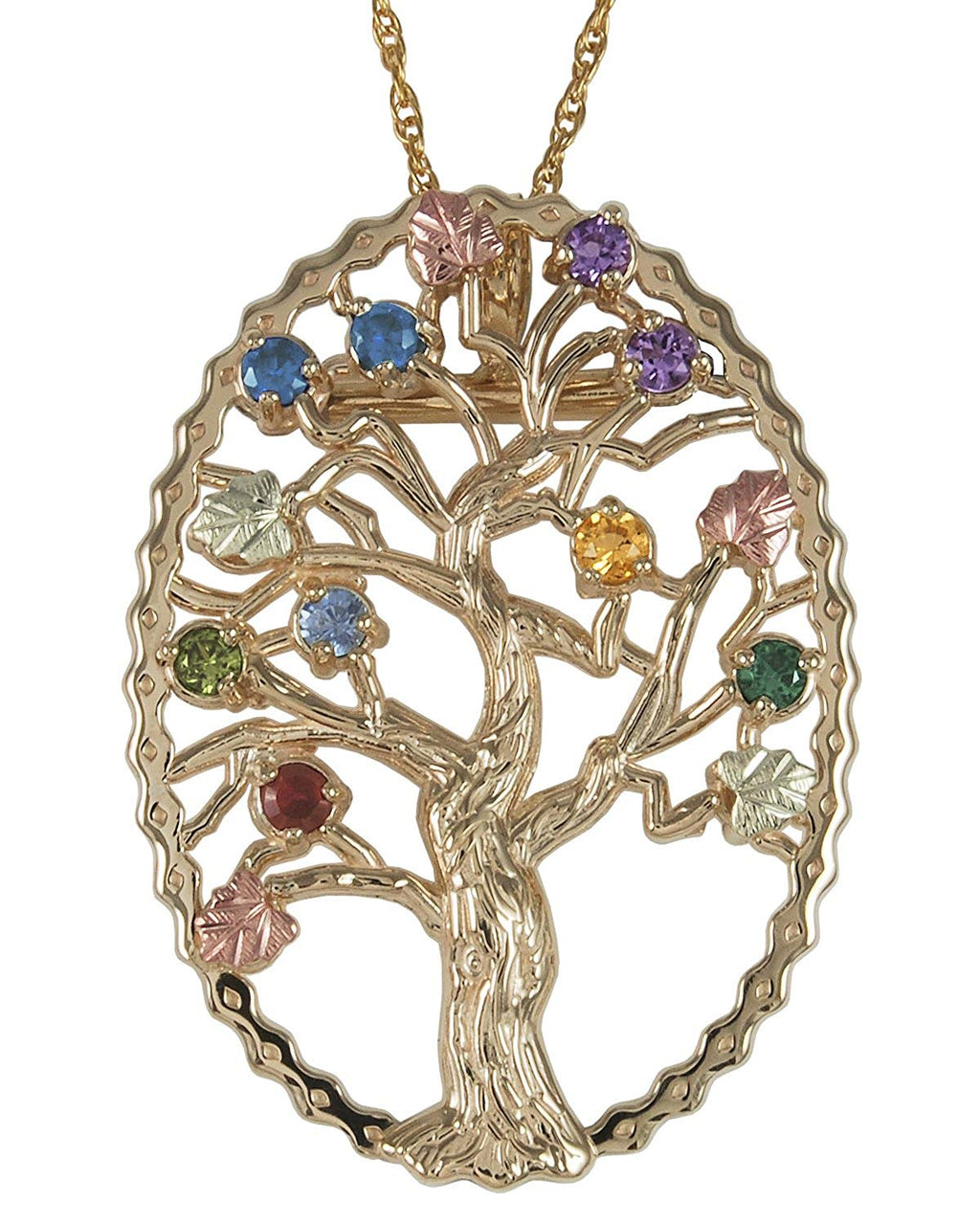 Multi Gemstone Tree Pendant Necklace, 10k Yellow Gold, 12k Green and Rose Gold Black Hills Gold Motif, 18"