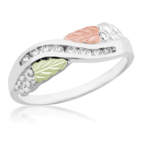 Slim Profile Diamond Ring, Sterling Silver, 12k Green and Rose Gold Black Hills Gold Motif, (.16 Ctw)