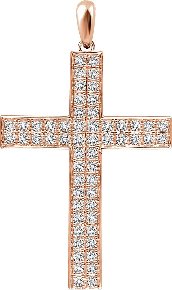 Diamond Western Cross Pendant, Rhodium-Plated 14k Rose Gold (.5 Ctw, H+ Color, I1 Clarity)