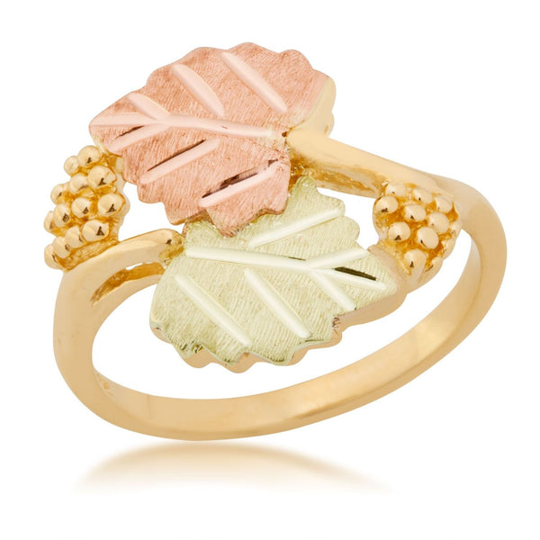 Ave 369 Bypass Frosty Leaves Ring, 10k Yellow Gold, 12k Green and Rose Gold Black Hills Gold Motif