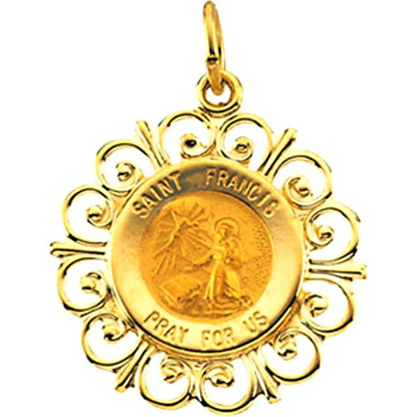 Rhodium Plated 14k Yellow Gold St. Francis of Assisi Medal (18.5 MM)