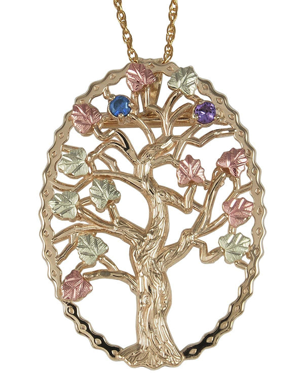 Sapphire and Amethyst Tree Pendant Necklace, 10k Yellow Gold, 12k Green and Rose Gold Black Hills Gold Motif, 18"