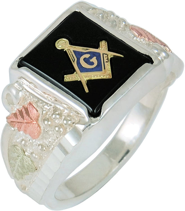 Men's Black Hills Gold Free Mason's Onyx Rhodium Plate Sterling Silver Signet Ring, Size 11