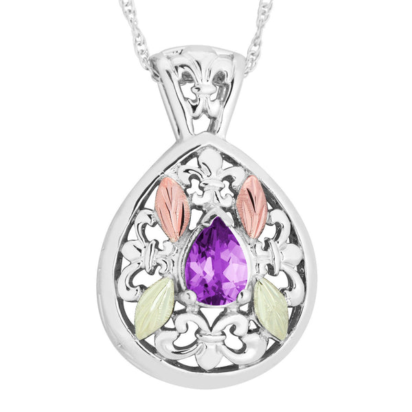 Pear Amethyst with Scrollwork Pendant Necklace, Sterling Silver, 12k Green and Rose Gold Black Hills Gold Motif, 18"