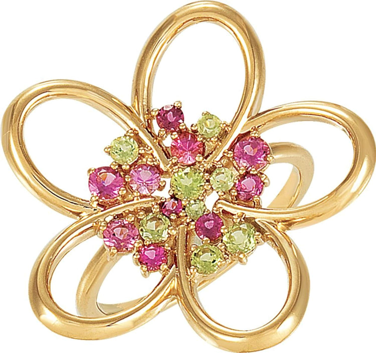 14k Yellow Gold, Pink Tourmaline and Arizona Peridot Flower Ring, Size 7