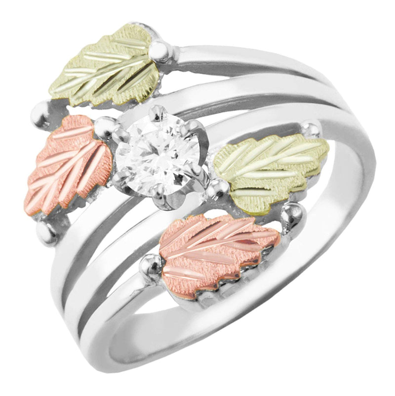 Ave 369 Cubic Zirconia and Leaves Bypass Ring, Sterling Silver, Sterling Silver, 12k Green and Rose Gold Black Hills Gold Motif