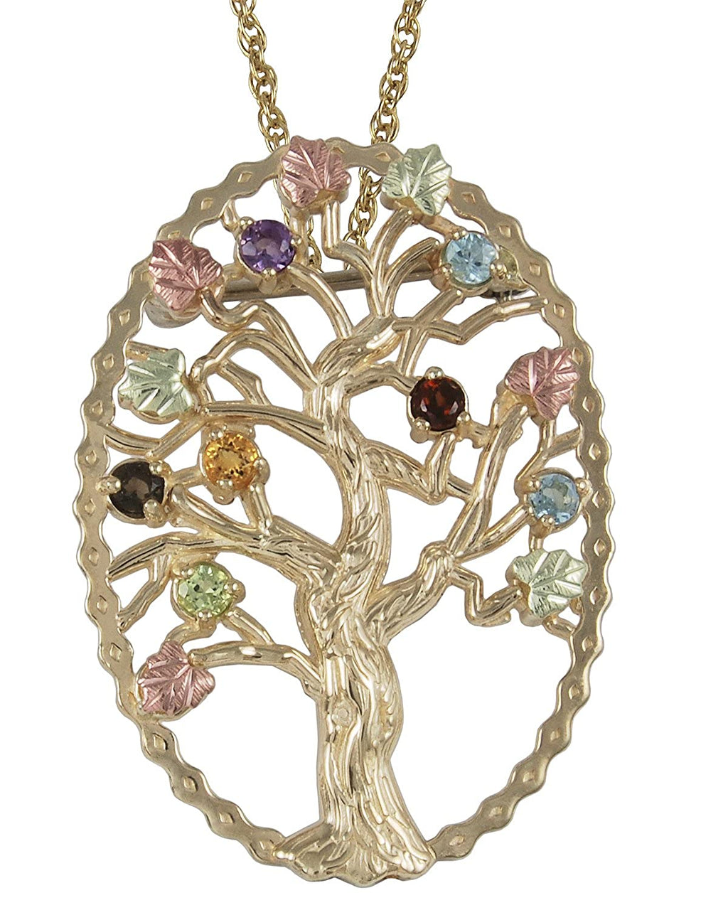 Multi Gemstone Tree Pendant Necklace, 10k Yellow Gold, 12k Green and Rose Gold Black Hills Gold Motif, 18"