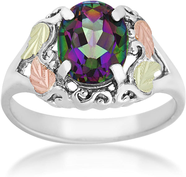 Mystic Fire Topaz Fancy Scroll Ring, Sterling Silver, 12k Green and Rose Gold Black Hills Gold Motif, Size 2.25