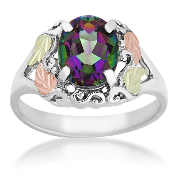Mystic Fire Topaz Fancy Scroll Ring, Sterling Silver, 12k Green and Rose Gold Black Hills Gold Motif