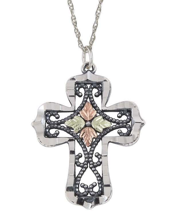 Black Hills Gold Cross Pendant Necklace, Sterling Silver, 12k Green Gold, 12k Rose Gold, 18''