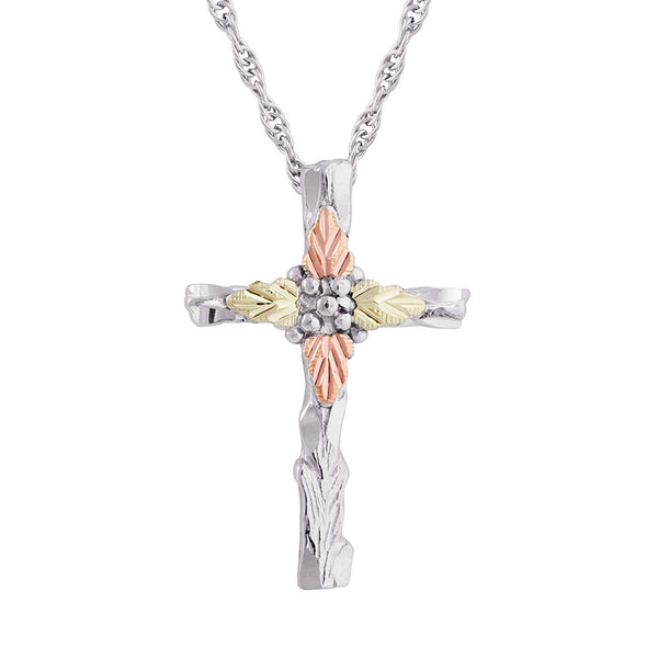 Engraved Trim Cross Pendant Necklace, Sterling Silver, 12k Green and Rose Gold Black Hills Gold Motif, 18"