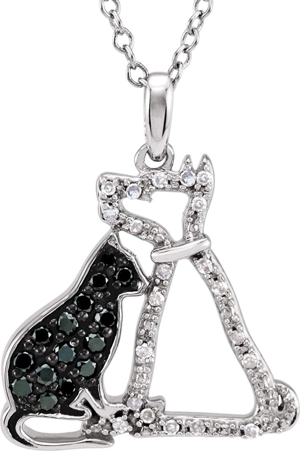 Black and White Diamond Cat and Dog Sterling Silver Necklace, 18" with Charm Pet Collar Tag