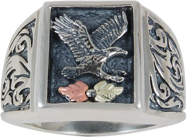 Men's Eagle Oxidized Ring, Sterling Silver, 12k Green and Rose Gold Black Hills Gold Motif, Size 9.5