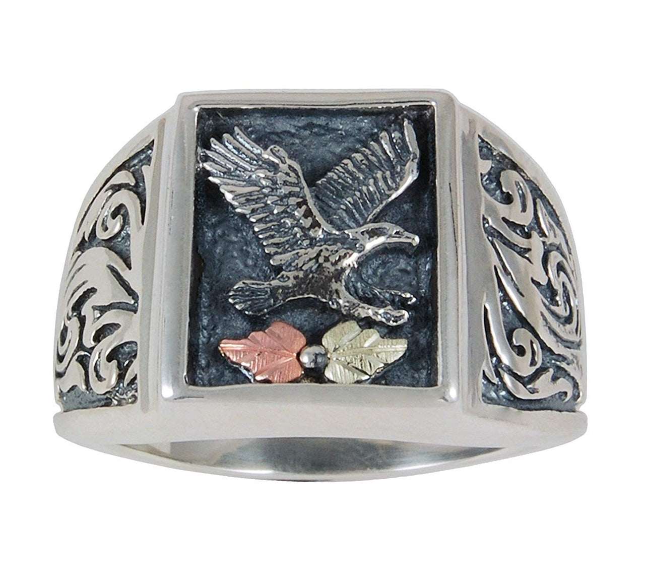 Men's Eagle Antiqued Ring, Sterling Silver, 12k Green and Rose Gold Black Hills Gold Motif