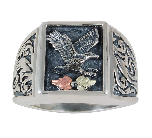 Men's Eagle Antiqued Ring, Sterling Silver, 12k Green and Rose Gold Black Hills Gold Motif